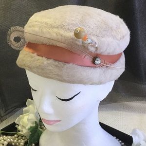 Vintage Faux Fur Pillbox Hat w/ Feather Whimsy